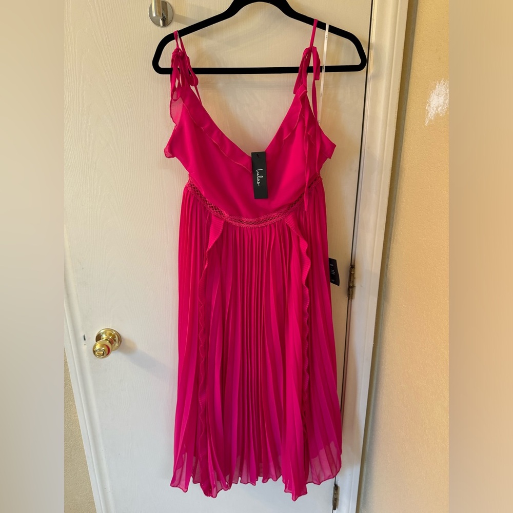 Lulus Never a Dull Moment Magenta Pink Tie-Strap Pleated Midi Dress